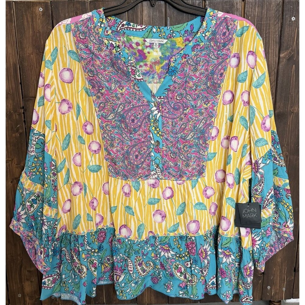 John Mark Womens 2X Cherries Paisley Patchwork Yellow Teal Tunic NWT